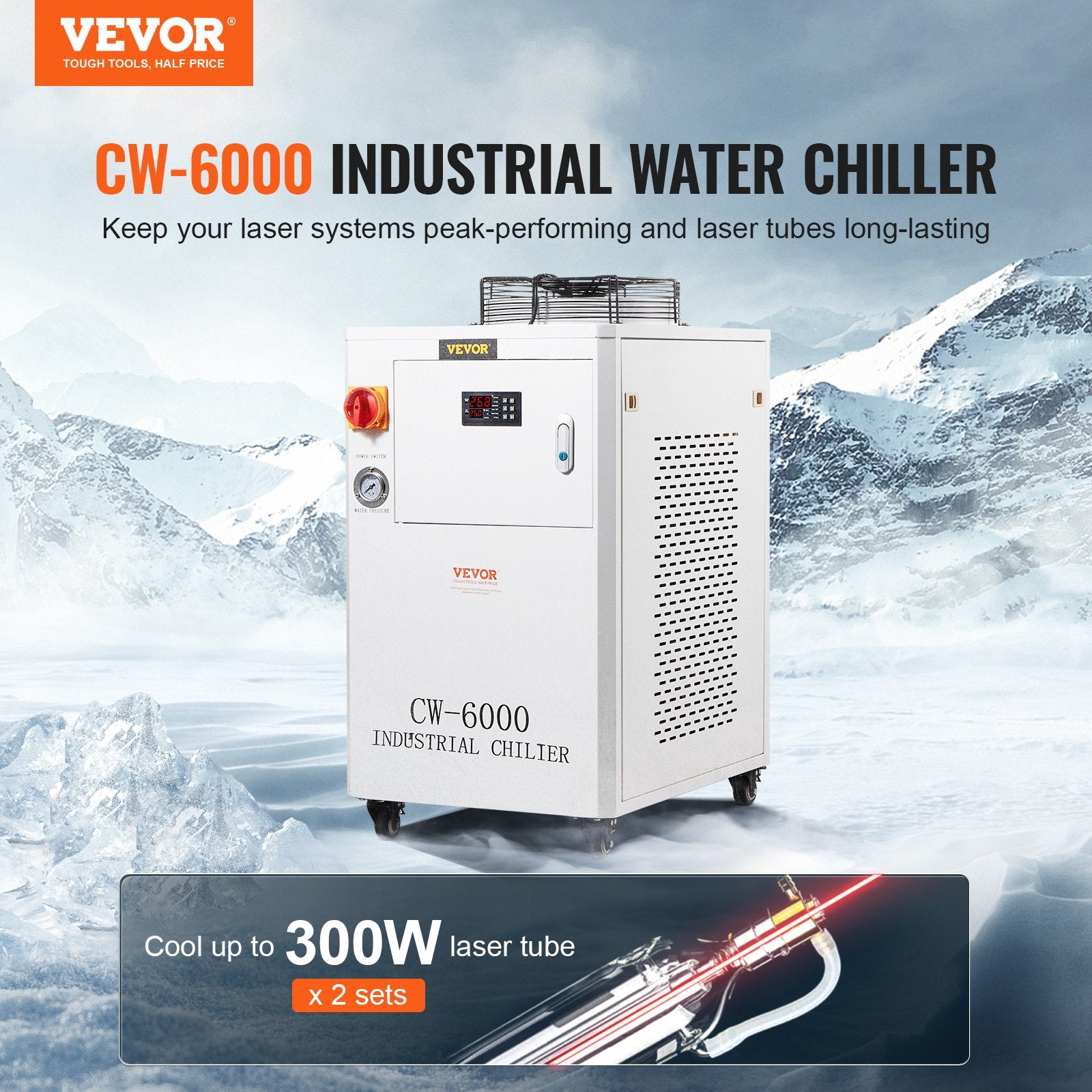 Camping Appliances: VEVOR Industrial Water Chiller, CW6000, 1500W Industrial Water Cooler Cooling System with Compressor 15L Water Tank Capacity 65 L/min Max Flow Rate, for CO2 Laser Engraving Machine Cooling Machine