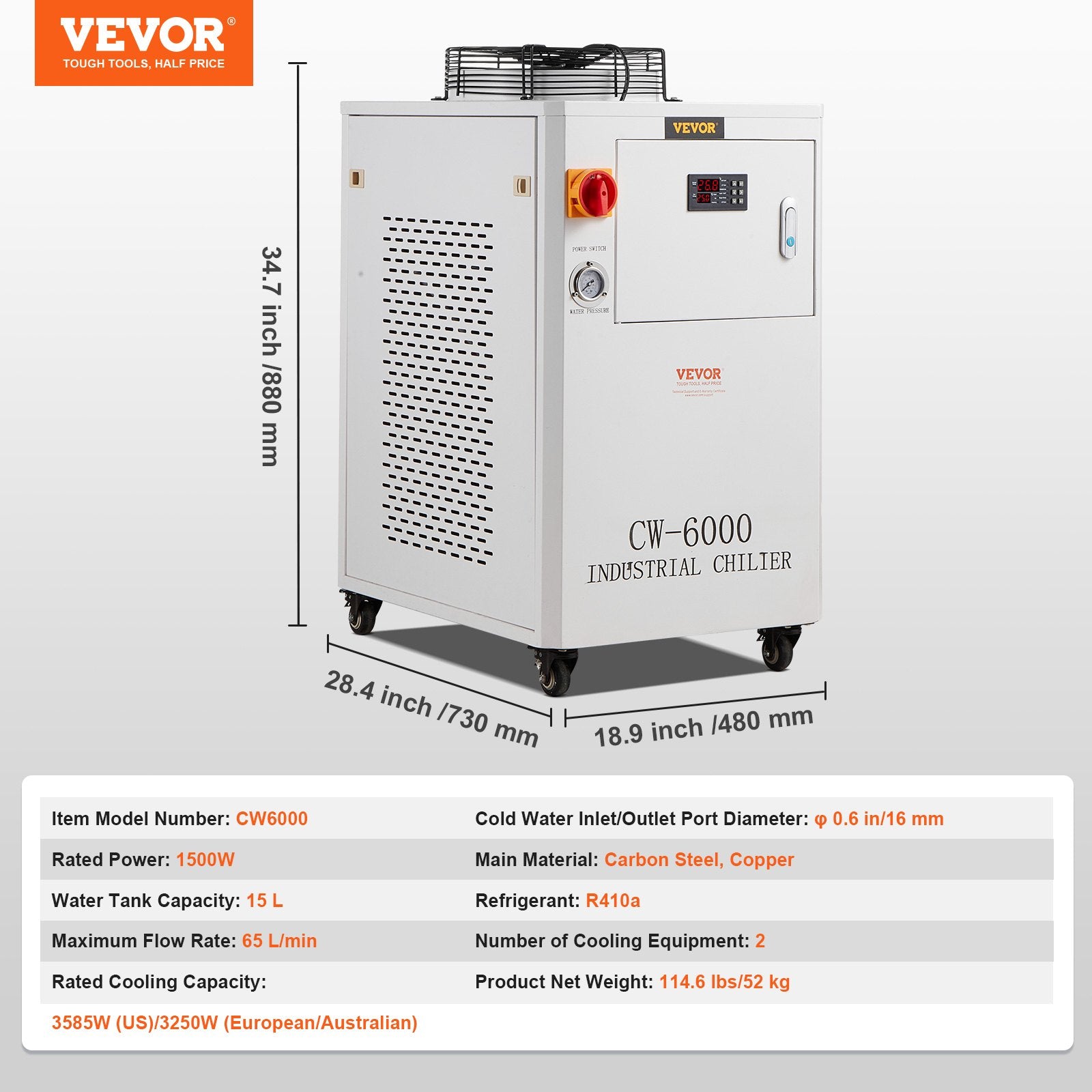 Camping Appliances: VEVOR Industrial Water Chiller, CW6000, 1500W Industrial Water Cooler Cooling System with Compressor 15L Water Tank Capacity 65 L/min Max Flow Rate, for CO2 Laser Engraving Machine Cooling Machine