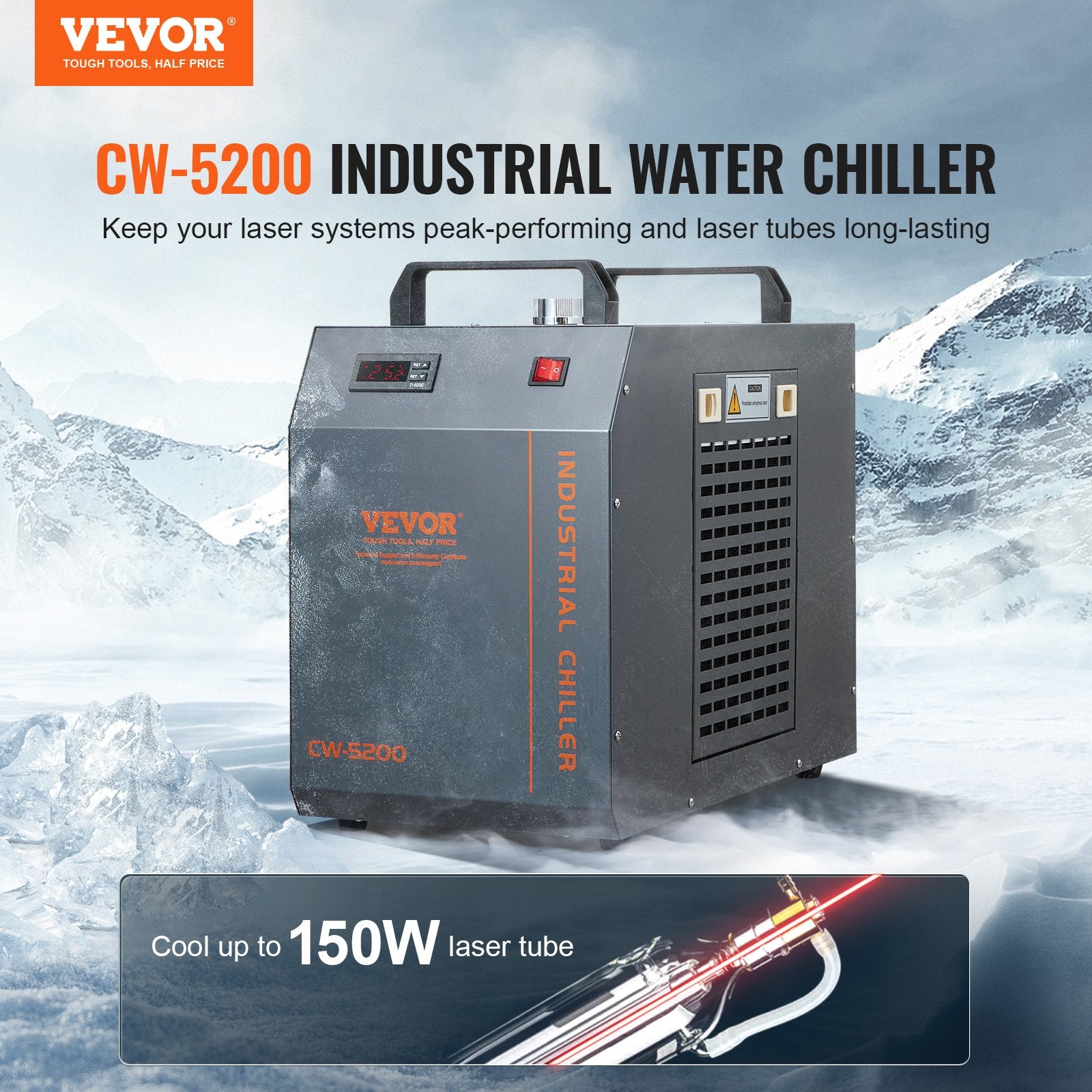 Industrial Water Chiller, CW-5200, Industrial Water Cooler Cooling System with Built-in Compressor 7L Water Tank Capacity 13 L/min Max Flow Rate, for CO2 Laser Engraving Machine Cooling Machine