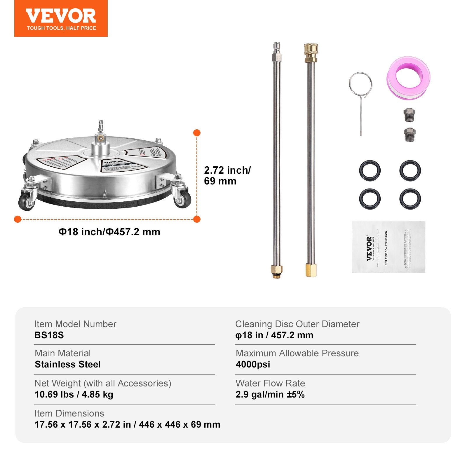 Toilet & Bidet Accessories: VEVOR 18" Pressure Washer Surface Cleaner w/ Wheels, Stainless Steel Concrete Cleaner 4000 Max PSI , 1/4" Quick-Connect Connector w/ 2 Extension Wand, Heavy Duty Power Washer For Floor Driveway, Patio