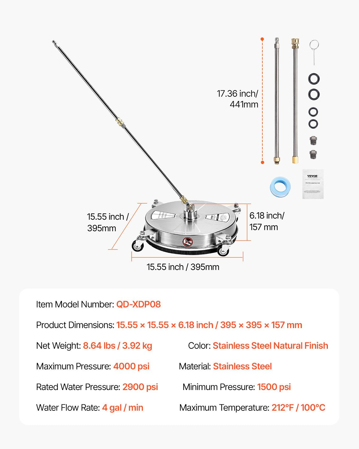 Commercial Cleaning Equipment: VEVOR 15" Pressure Washer Surface Cleaner 4 Wheels 4000 Max PSI 2 Extended Wands