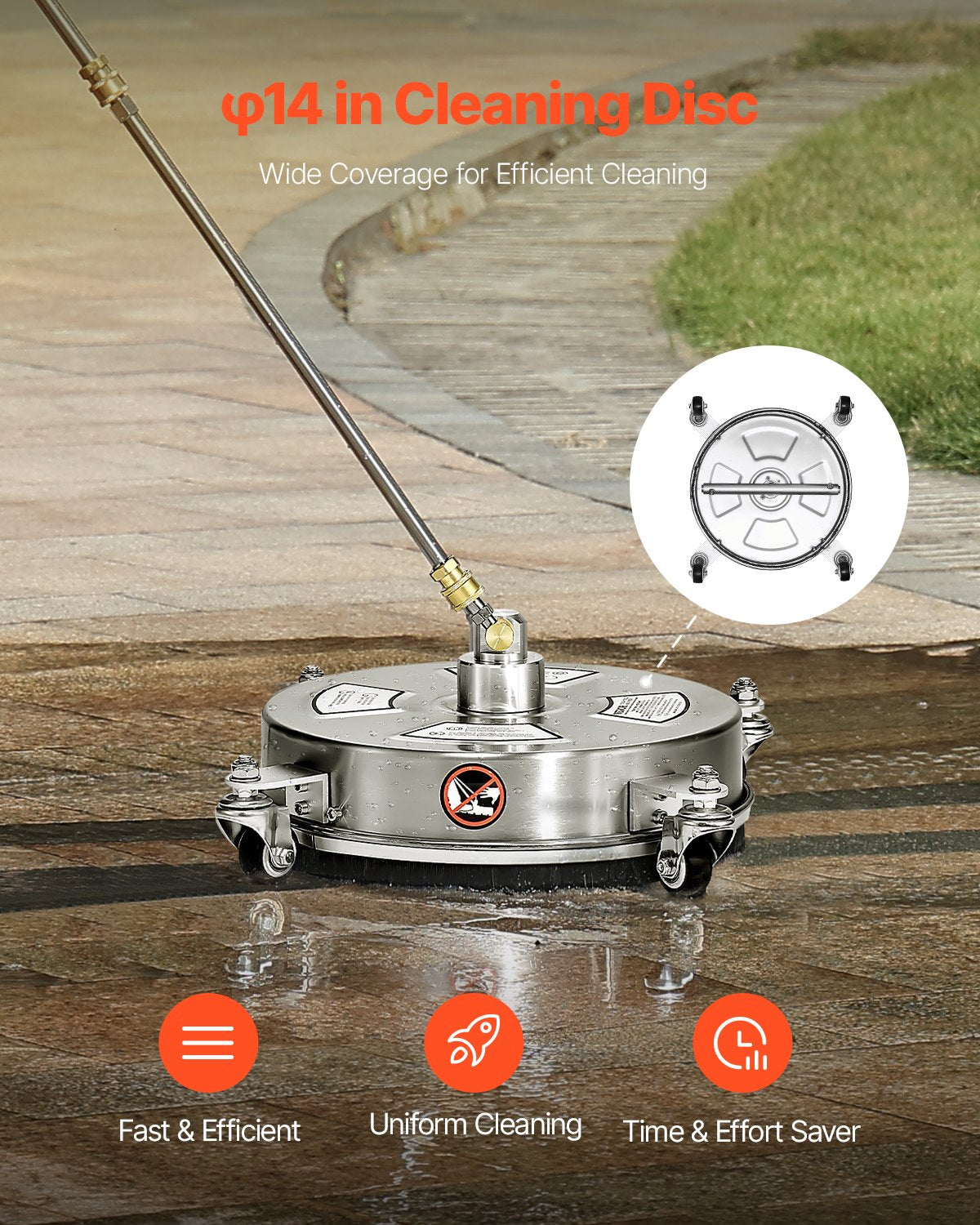 Gardening Tools: VEVOR 14" Pressure Washer Surface Cleaner, Stainless Steel Pressure Washer Attachments with 4 Wheels, 4000 Max PSI, 1/4 Quick Connector, 2 Spray Nozzles, 2 Extended Wands for Concrete, Patio, Deck