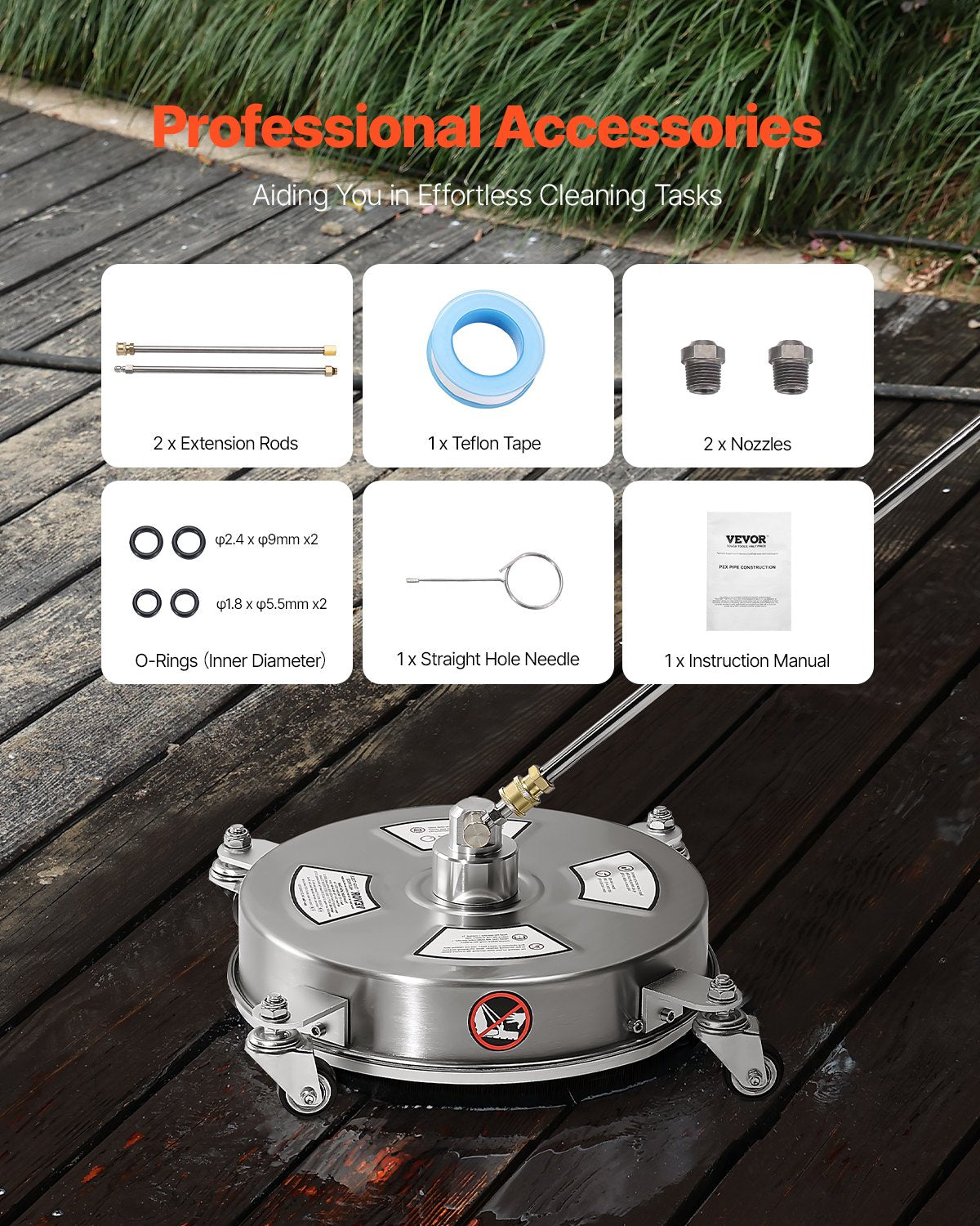 Gardening Tools: VEVOR 14" Pressure Washer Surface Cleaner, Stainless Steel Pressure Washer Attachments with 4 Wheels, 4000 Max PSI, 1/4 Quick Connector, 2 Spray Nozzles, 2 Extended Wands for Concrete, Patio, Deck