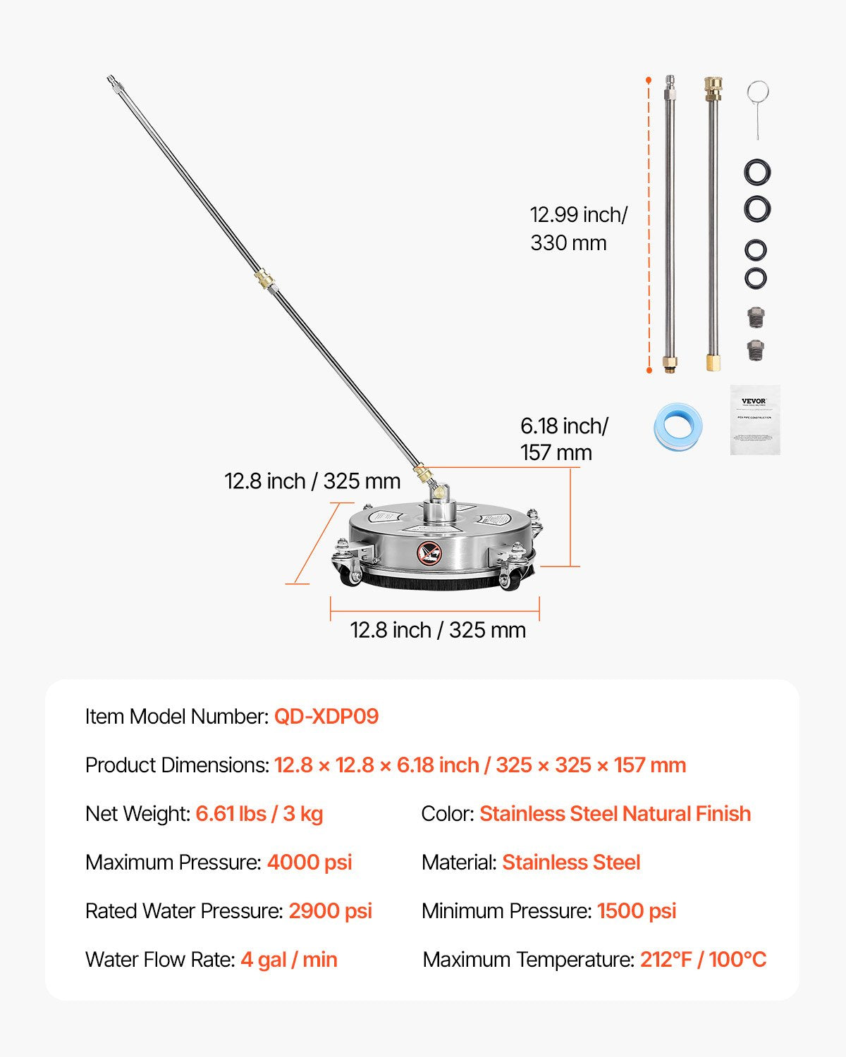 Gardening Tools: VEVOR 14" Pressure Washer Surface Cleaner, Stainless Steel Pressure Washer Attachments with 4 Wheels, 4000 Max PSI, 1/4 Quick Connector, 2 Spray Nozzles, 2 Extended Wands for Concrete, Patio, Deck