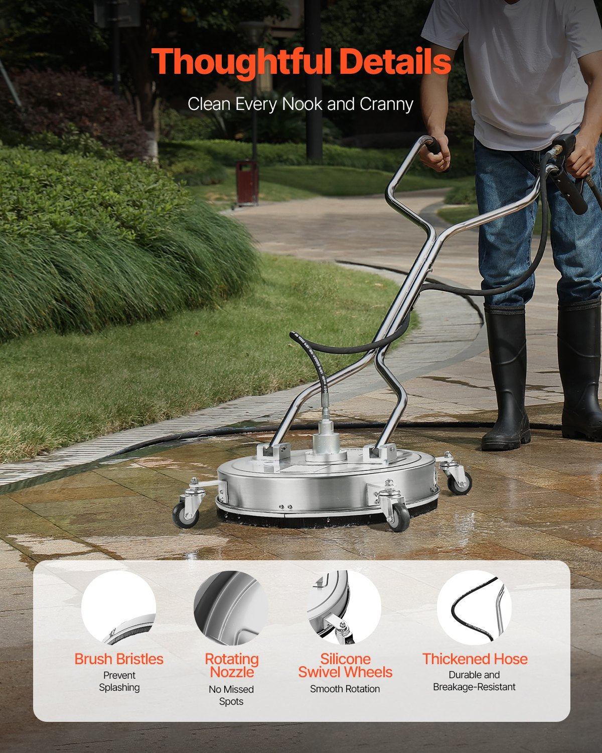 20" Pressure Washer Surface Cleaner, Stainless Steel Pressure Washer Attachments with 4 Wheels, 4500 Max PSI, 3/8 Quick Connector, 2 Spray Nozzles, Dual Handle, for Concrete, Patio, Sidewalk