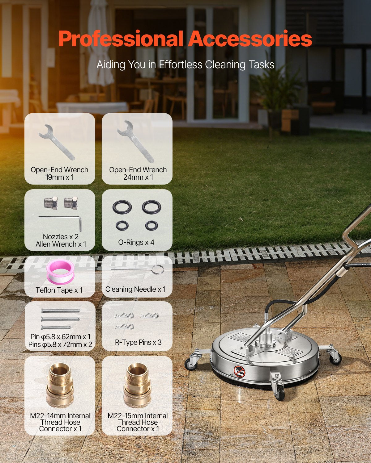 20" Pressure Washer Surface Cleaner, Stainless Steel Pressure Washer Attachments with 4 Wheels, 4500 Max PSI, 3/8 Quick Connector, 2 Spray Nozzles, Dual Handle, for Concrete, Patio, Sidewalk