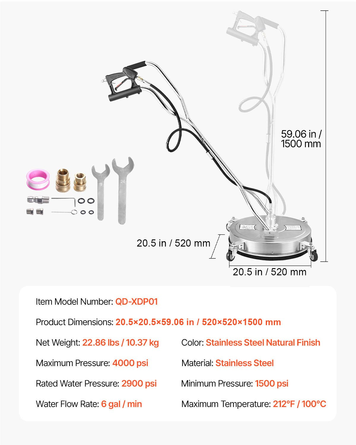 20" Pressure Washer Surface Cleaner, Stainless Steel Pressure Washer Attachments with 4 Wheels, 4500 Max PSI, 3/8 Quick Connector, 2 Spray Nozzles, Dual Handle, for Concrete, Patio, Sidewalk