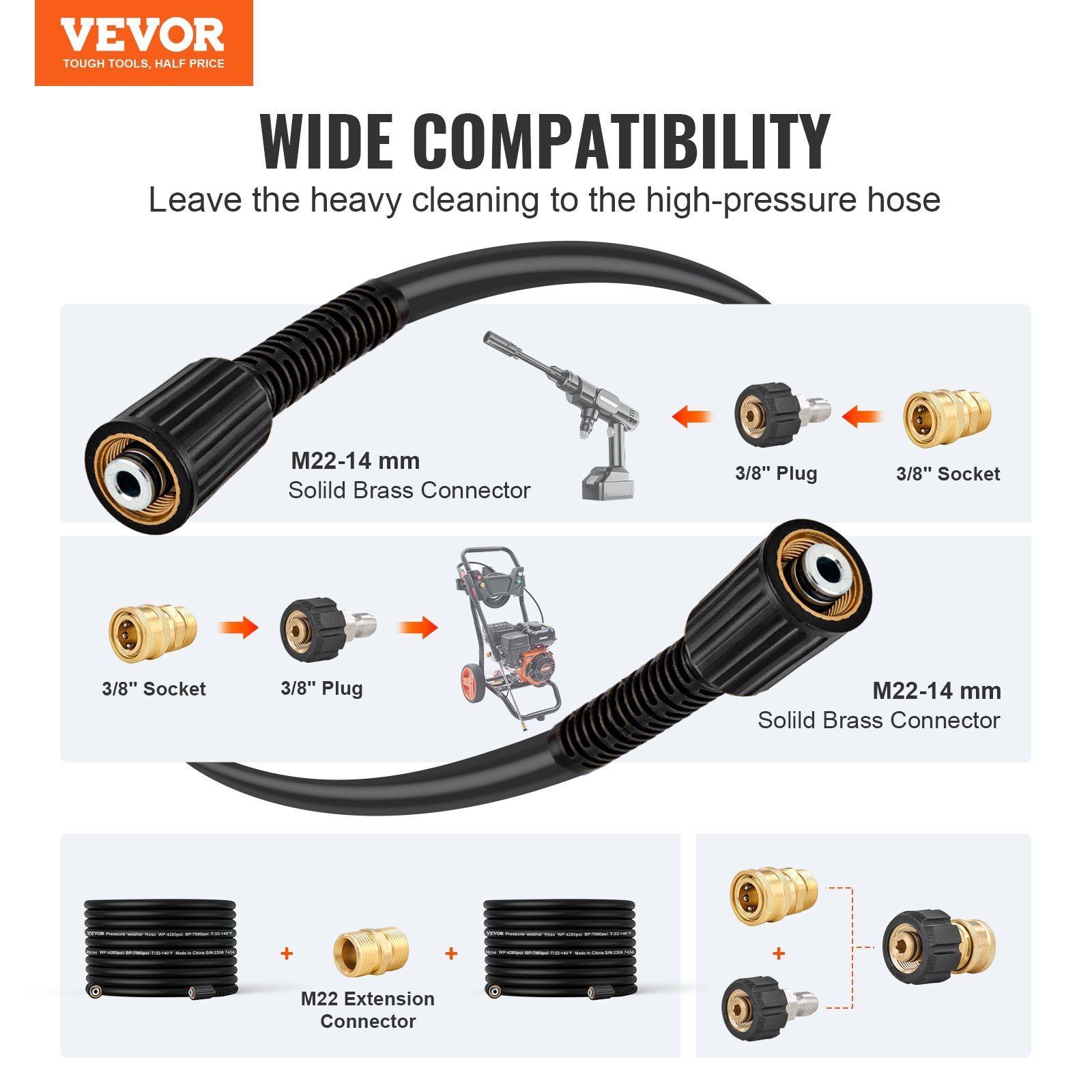 Garden Hoses: VEVOR Pressure Washer Hose, 100FT, 1/4" Kink Free M22-14mm Brass Thread Replacement For Most Brand Pressure Washers, 3/4'' Bending Radius, 4200 PSI Heavy Duty Power Washer Extension Replacement Hose