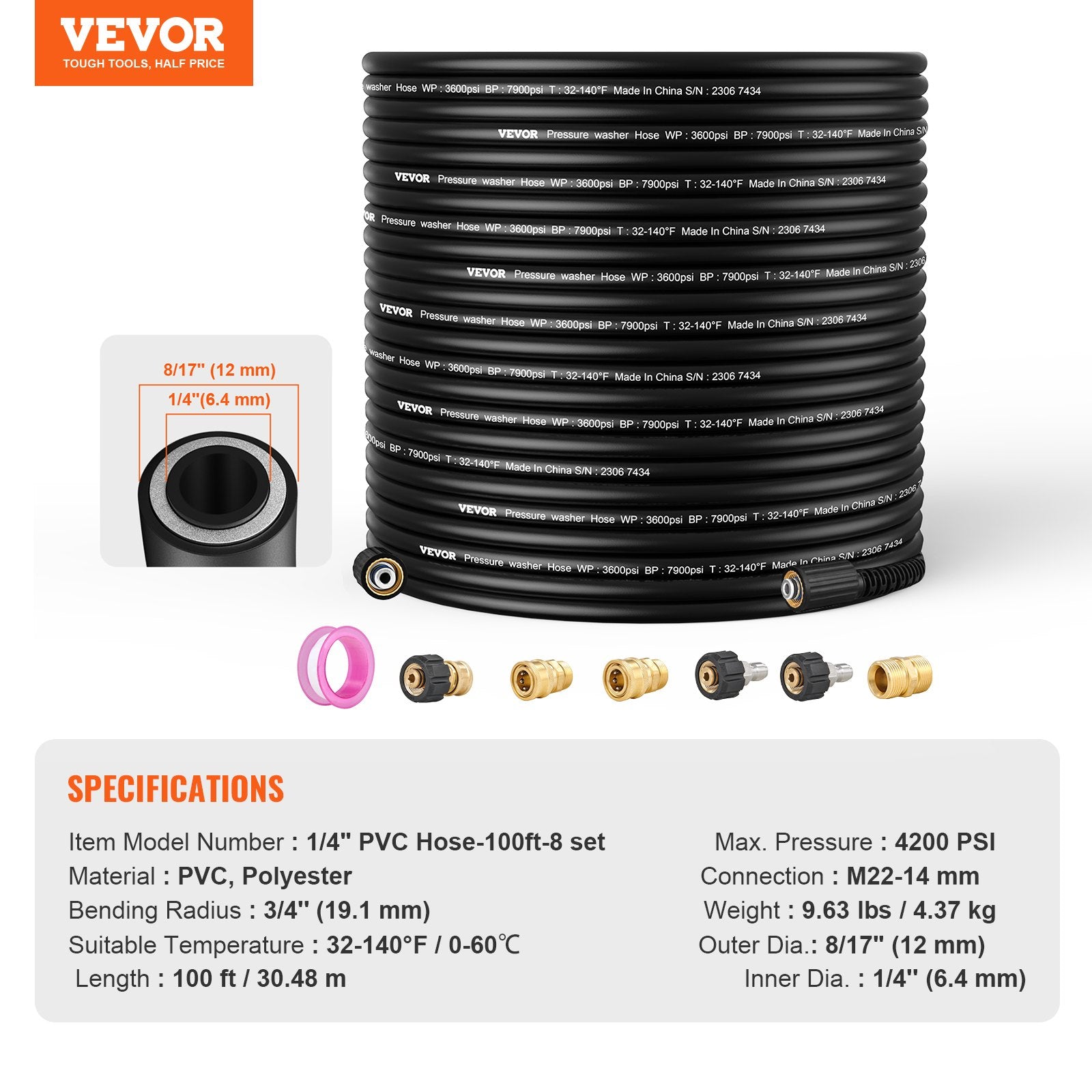 Garden Hoses: VEVOR Pressure Washer Hose, 100FT, 1/4" Kink Free M22-14mm Brass Thread Replacement For Most Brand Pressure Washers, 3/4'' Bending Radius, 4200 PSI Heavy Duty Power Washer Extension Replacement Hose