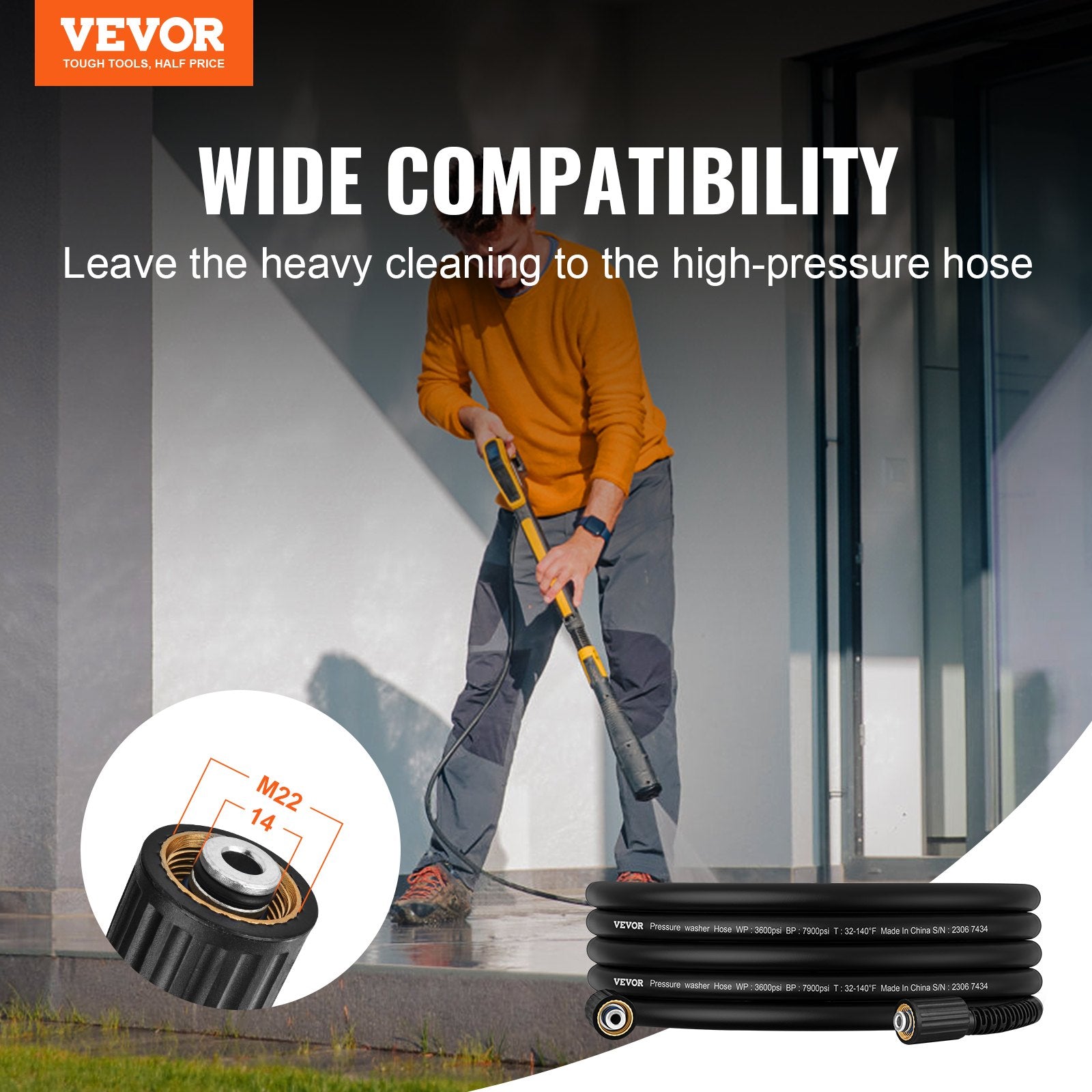 Garden Hoses: VEVOR Pressure Washer Hose, 25 FT, 1/4" Kink Free M22-14mm Brass Thread Replacement For Most Brand Pressure Washers, 3/4'' Bending Radius, 3600 PSI Heavy Duty Power Washer Extension Replacement Hose