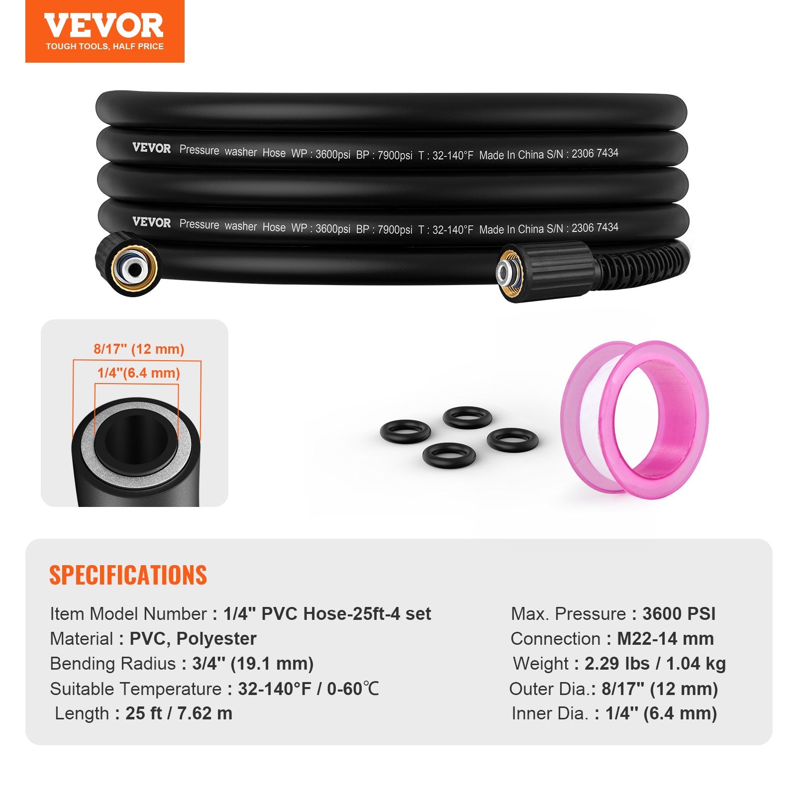 Garden Hoses: VEVOR Pressure Washer Hose, 25 FT, 1/4" Kink Free M22-14mm Brass Thread Replacement For Most Brand Pressure Washers, 3/4'' Bending Radius, 3600 PSI Heavy Duty Power Washer Extension Replacement Hose