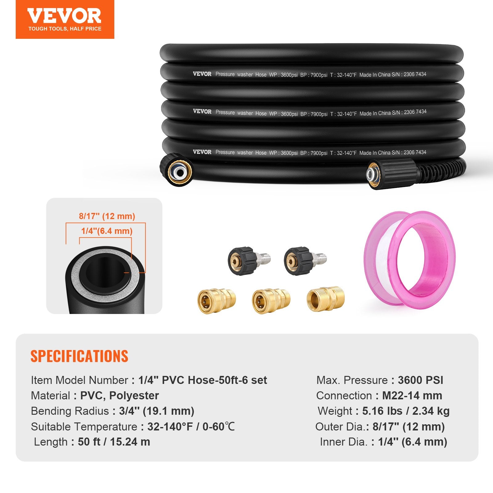 Fountain & Ponds Accessories: VEVOR 50 FT 3600 PSI High Pressure Power Washer Hose 1/4" Quick Connection