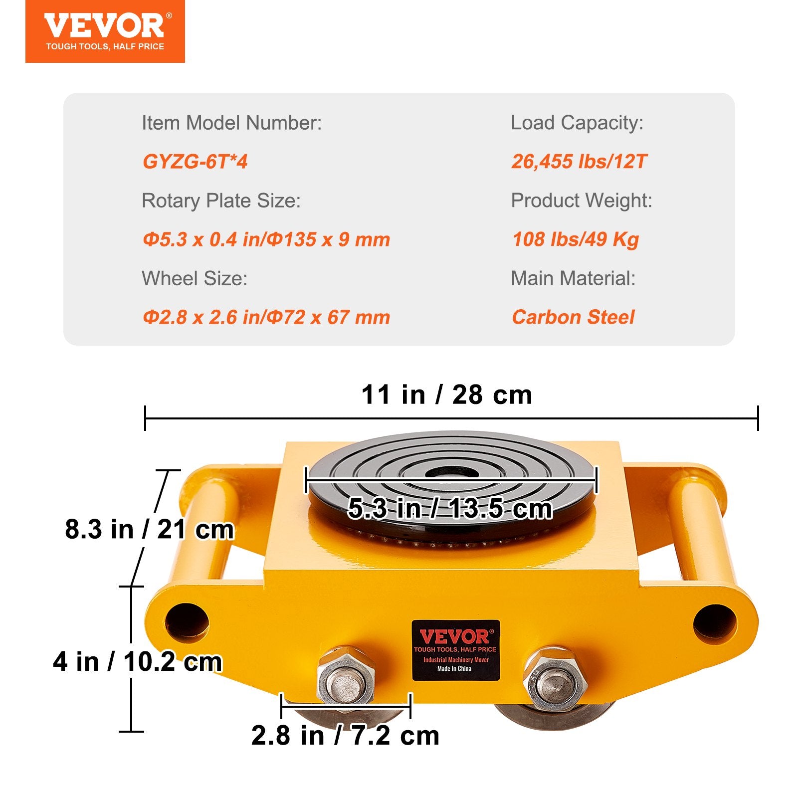 Automotive Repair & Speciality Tools: VEVOR 4PCS Machinery Skate Dolly Mover Skate 26455LBS/12T 4 Carbon Steel Wheels