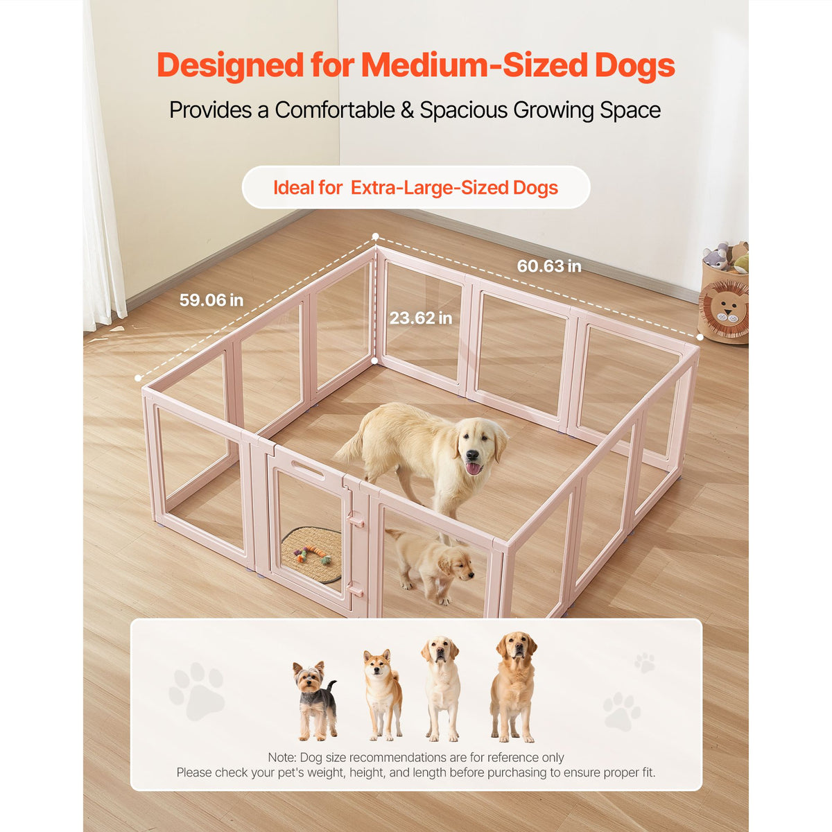 Dog Whelping Box, 1.54x1.5x0.6 m, Transparent Plastic Dog Whelping Pen for Large Sized Dogs, Waterproof Puppy Playpen with Windows & Door Lock, Easy to Clean, Durable Indoor Pet Dogs Cats Birth Kit