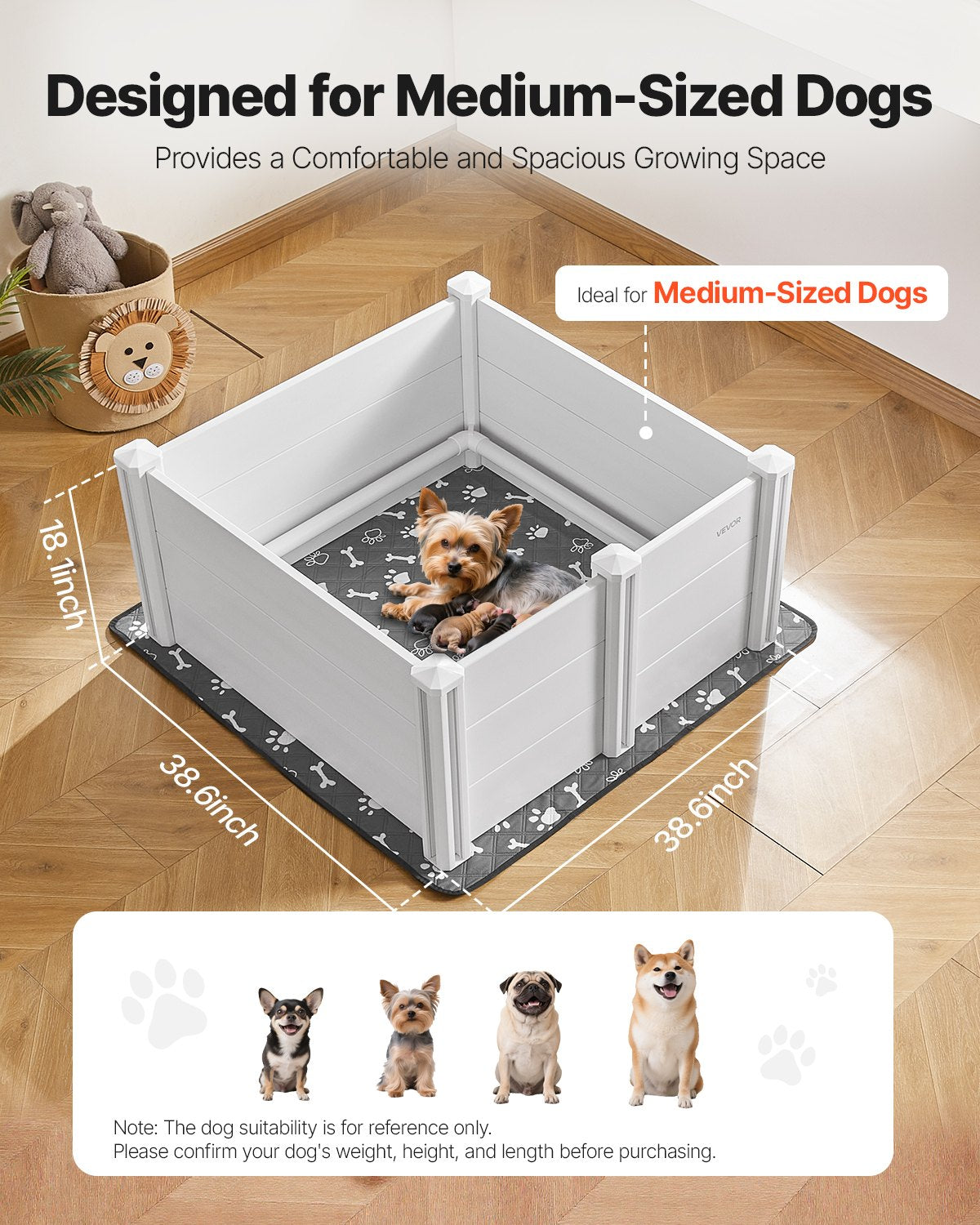 Dogs Whelping Box, 980 x 980 x 460 mm, Plastic PVC Puppies Playpen with Height Adjustable Door and Washable Pee Pad, Anti-Deformation Indoor Puppy Play Pen for Medium Breed Dogs, Milk White