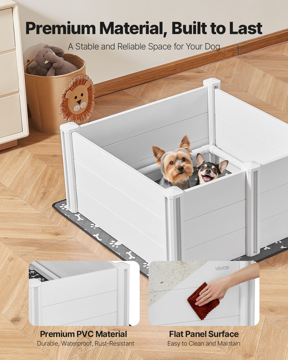 Dogs Whelping Box, 980 x 980 x 460 mm, Plastic PVC Puppies Playpen with Height Adjustable Door and Washable Pee Pad, Anti-Deformation Indoor Puppy Play Pen for Medium Breed Dogs, Milk White