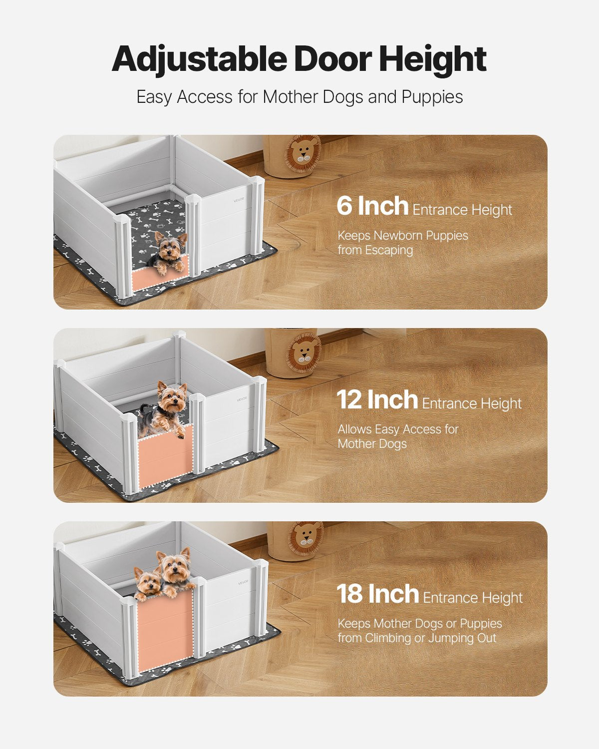Dogs Whelping Box, 980 x 980 x 460 mm, Plastic PVC Puppies Playpen with Height Adjustable Door and Washable Pee Pad, Anti-Deformation Indoor Puppy Play Pen for Medium Breed Dogs, Milk White
