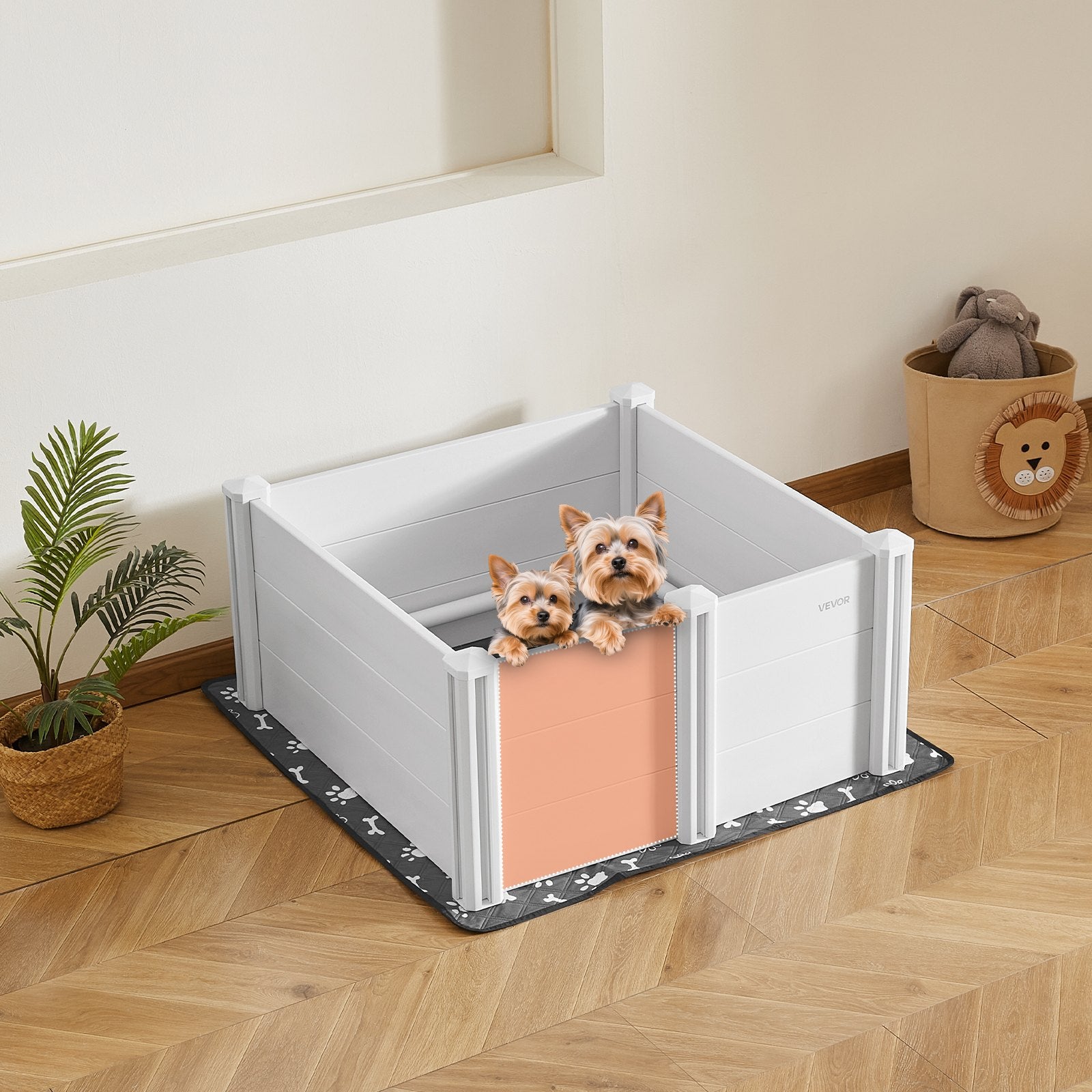 Dogs Whelping Box, 980 x 980 x 460 mm, Plastic PVC Puppies Playpen with Height Adjustable Door and Washable Pee Pad, Anti-Deformation Indoor Puppy Play Pen for Medium Breed Dogs, Milk White