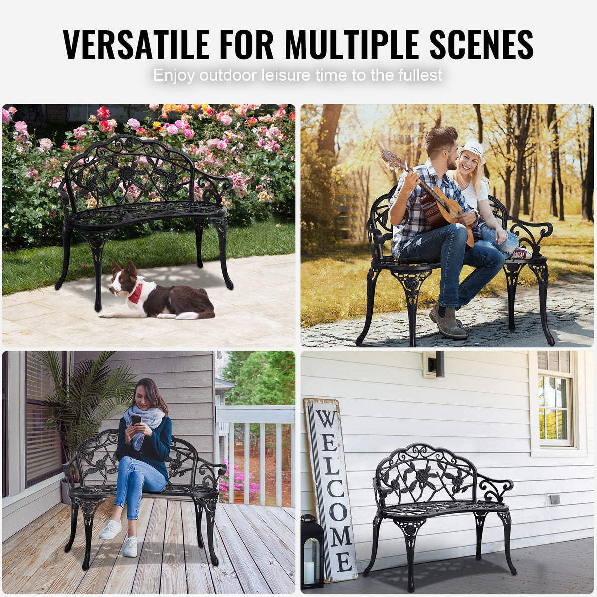 Outdoor Bench, 38.8 inches Metal Garden Bench for Outdoors, 480 lbs Load Capacity Bench, Outdoor Garden Park Bench with Backrest and Armrests, Patio Bench for Garden, Park, Yard, Front Porch
