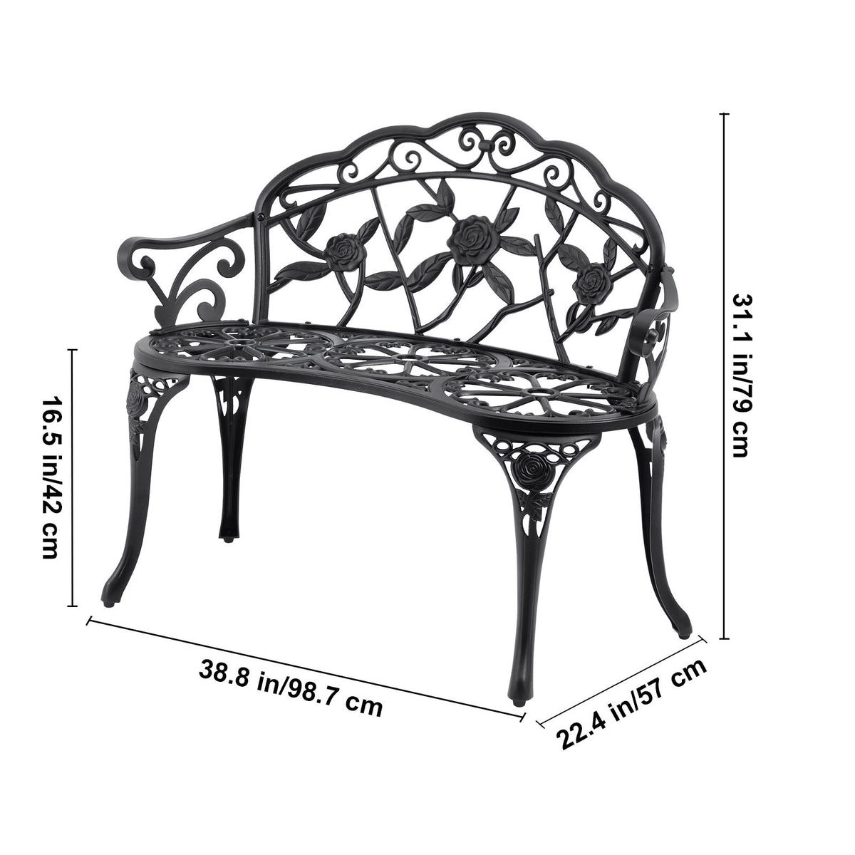 Outdoor Bench, 38.8 inches Metal Garden Bench for Outdoors, 480 lbs Load Capacity Bench, Outdoor Garden Park Bench with Backrest and Armrests, Patio Bench for Garden, Park, Yard, Front Porch