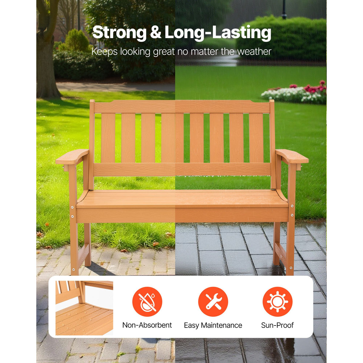 Outdoor Bench, 128 cm, 363 kg Weight Capacity for 2-3 Persons, Weatherproof Plastic Frame with Backrest and Wide Armrests, Outside Bench for Patio, Garden, Park, Yard, Natural Wood Color