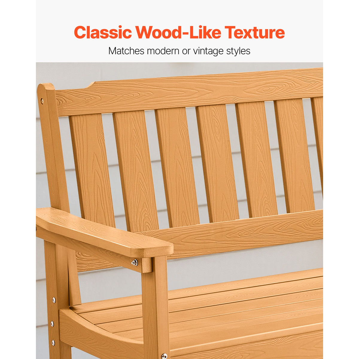 Outdoor Bench, 128 cm, 363 kg Weight Capacity for 2-3 Persons, Weatherproof Plastic Frame with Backrest and Wide Armrests, Outside Bench for Patio, Garden, Park, Yard, Natural Wood Color