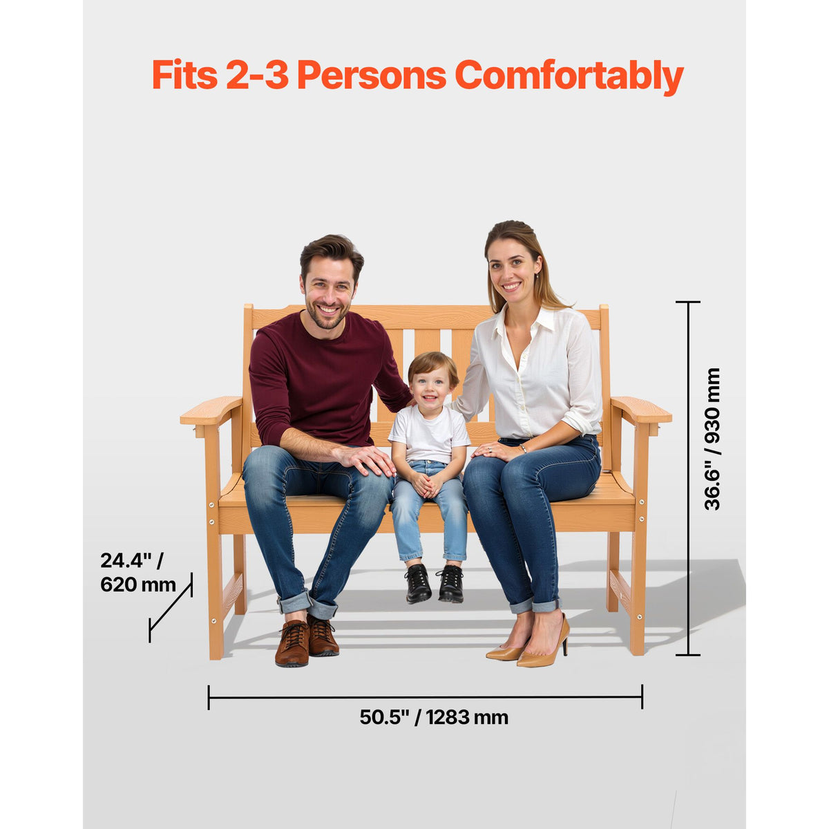 Outdoor Bench, 128 cm, 363 kg Weight Capacity for 2-3 Persons, Weatherproof Plastic Frame with Backrest and Wide Armrests, Outside Bench for Patio, Garden, Park, Yard, Natural Wood Color