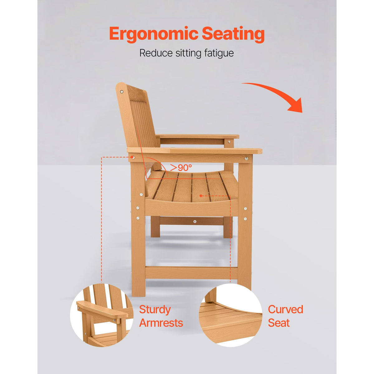 Outdoor Bench, 128 cm, 363 kg Weight Capacity for 2-3 Persons, Weatherproof Plastic Frame with Backrest and Wide Armrests, Outside Bench for Patio, Garden, Park, Yard, Natural Wood Color