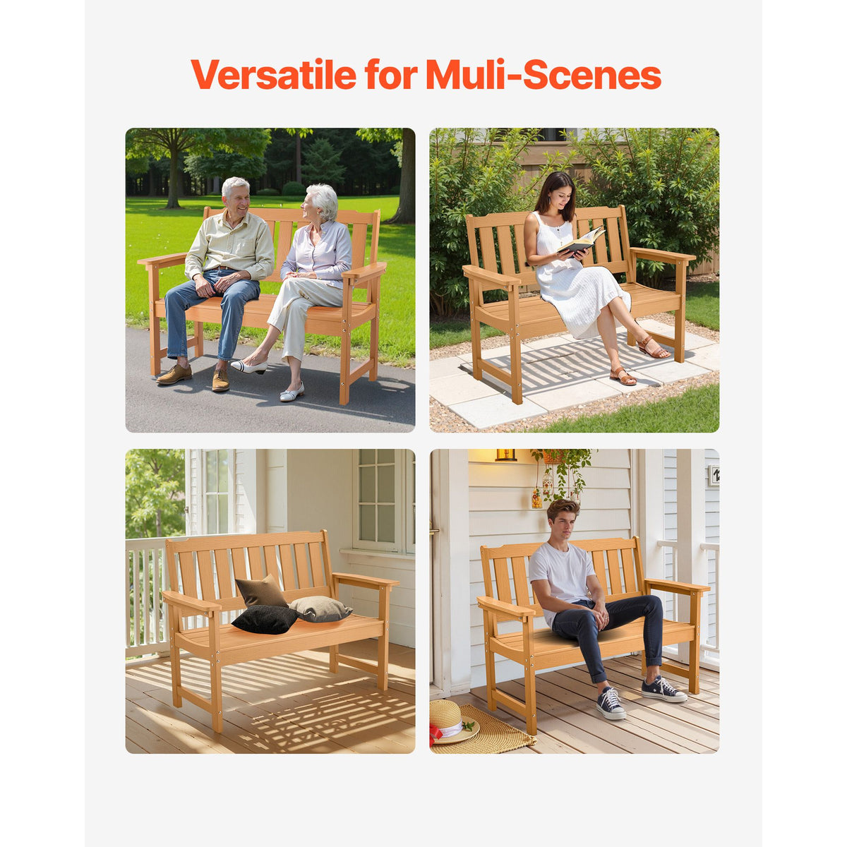 Outdoor Bench, 128 cm, 363 kg Weight Capacity for 2-3 Persons, Weatherproof Plastic Frame with Backrest and Wide Armrests, Outside Bench for Patio, Garden, Park, Yard, Natural Wood Color