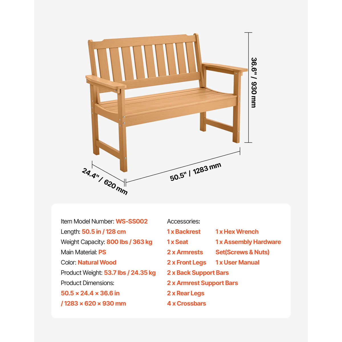 Outdoor Bench, 128 cm, 363 kg Weight Capacity for 2-3 Persons, Weatherproof Plastic Frame with Backrest and Wide Armrests, Outside Bench for Patio, Garden, Park, Yard, Natural Wood Color