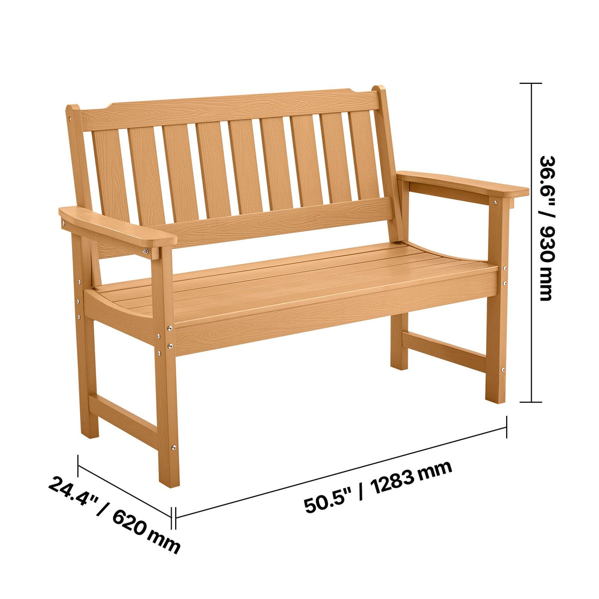 Outdoor Bench, 128 cm, 363 kg Weight Capacity for 2-3 Persons, Weatherproof Plastic Frame with Backrest and Wide Armrests, Outside Bench for Patio, Garden, Park, Yard, Natural Wood Color