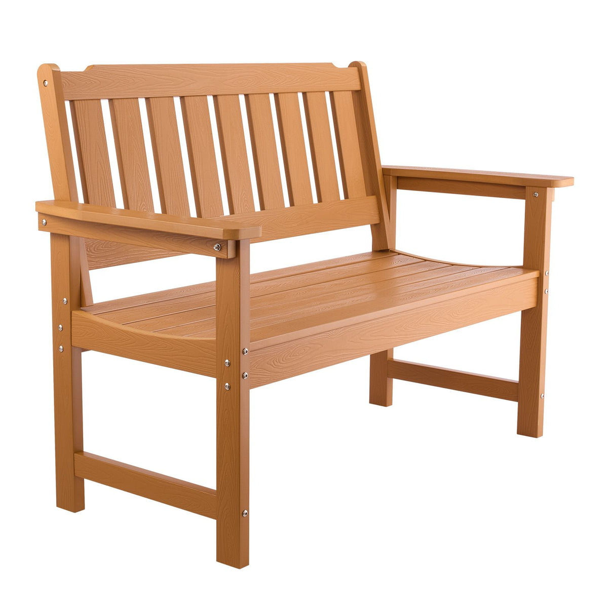 Outdoor Bench, 128 cm, 363 kg Weight Capacity for 2-3 Persons, Weatherproof Plastic Frame with Backrest and Wide Armrests, Outside Bench for Patio, Garden, Park, Yard, Natural Wood Color