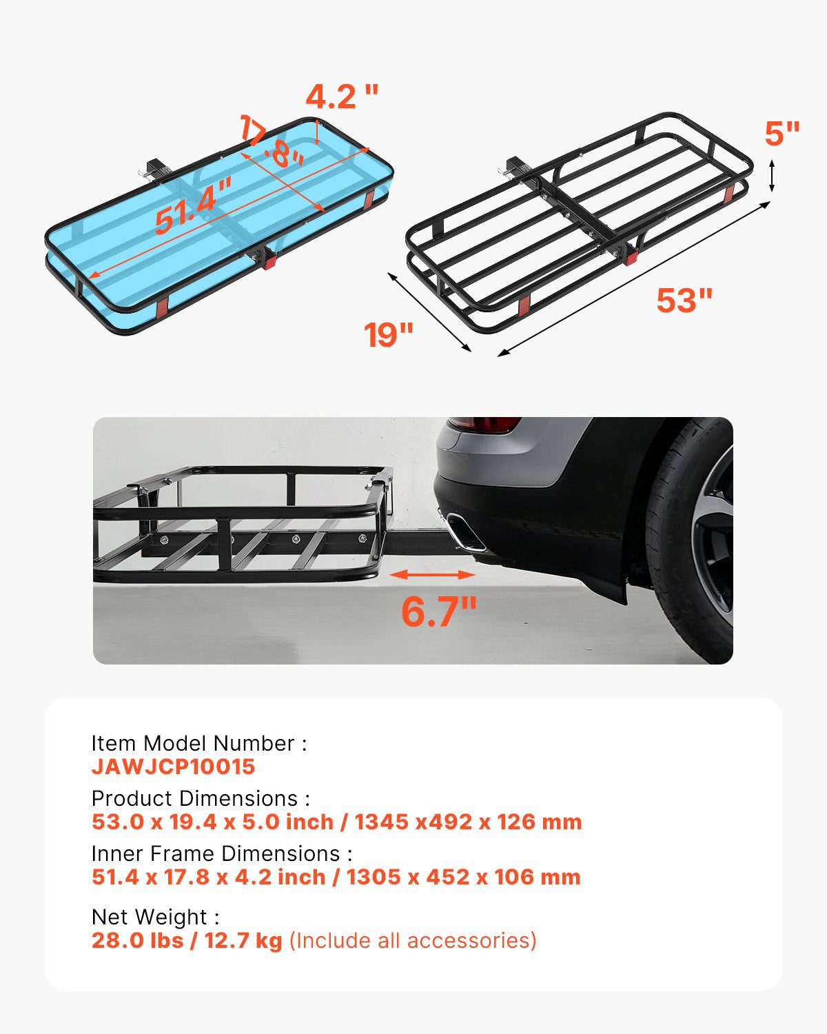 Cat Carriers & Crates: VEVOR 53" x 19" x 5", Hitch Cargo Carrier, 500 lbs Capacity Hitch Cargo Carrier with Hitch Stabilizer & Ratchet Straps, Hitch Mount Cargo Carrier with Cargo Net with Hook, Fit for SUVs