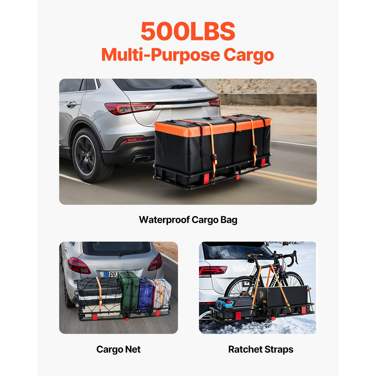 60" x 24" x 6", Hitch Cargo Carrier, 500 lbs Capacity Hitch Cargo Carrier with Cargo Net with Hook & Waterproof Cargo Bag, Folding Hitch Mount Cargo Carrier with Ratchet Straps, Fit for SUVs