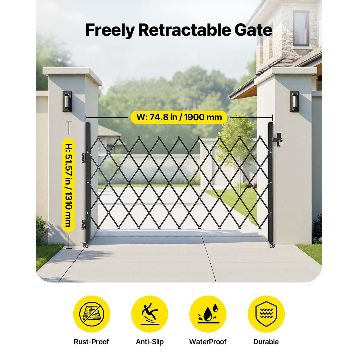 Single Folding Security Gate, Lockable Scissor Gate with 360 degree Swivel Casters, Outdoor Barricade Steel Retractable Gates, for Entry Security, Garage, Warehouse & Pool, 1900 x 1310 mm (W x H)