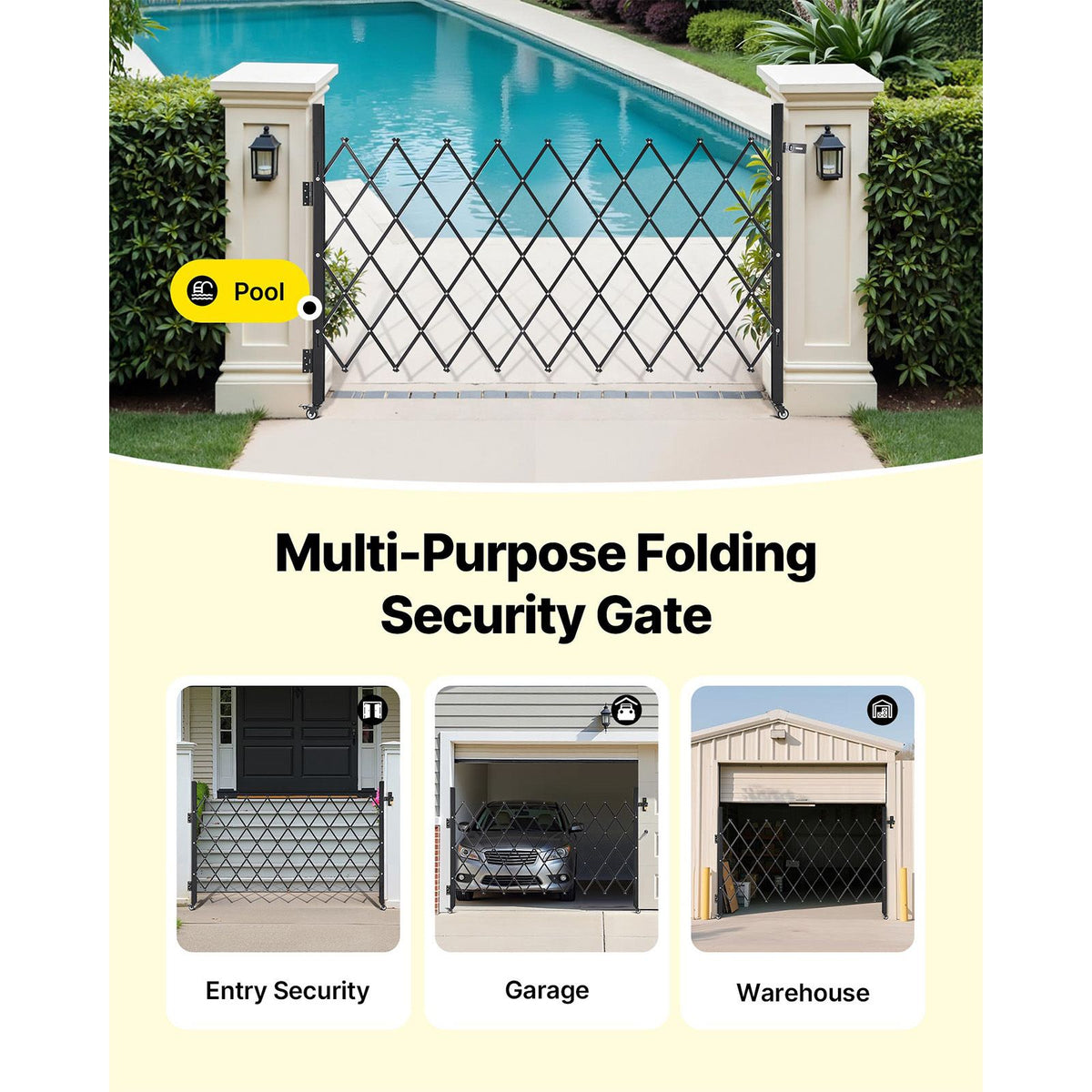 Single Folding Security Gate, Lockable Scissor Gate with 360 degree Swivel Casters, Outdoor Barricade Steel Retractable Gates, for Entry Security, Garage, Warehouse & Pool, 1900 x 1310 mm (W x H)