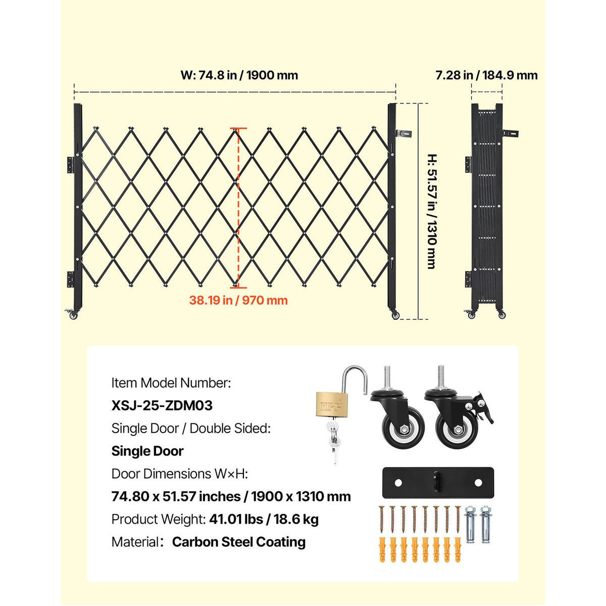Single Folding Security Gate, Lockable Scissor Gate with 360 degree Swivel Casters, Outdoor Barricade Steel Retractable Gates, for Entry Security, Garage, Warehouse & Pool, 1900 x 1310 mm (W x H)