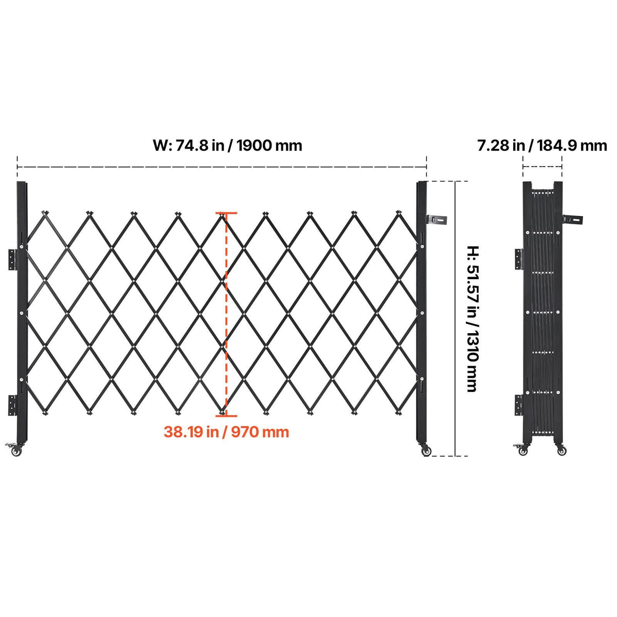 Single Folding Security Gate, Lockable Scissor Gate with 360 degree Swivel Casters, Outdoor Barricade Steel Retractable Gates, for Entry Security, Garage, Warehouse & Pool, 1900 x 1310 mm (W x H)