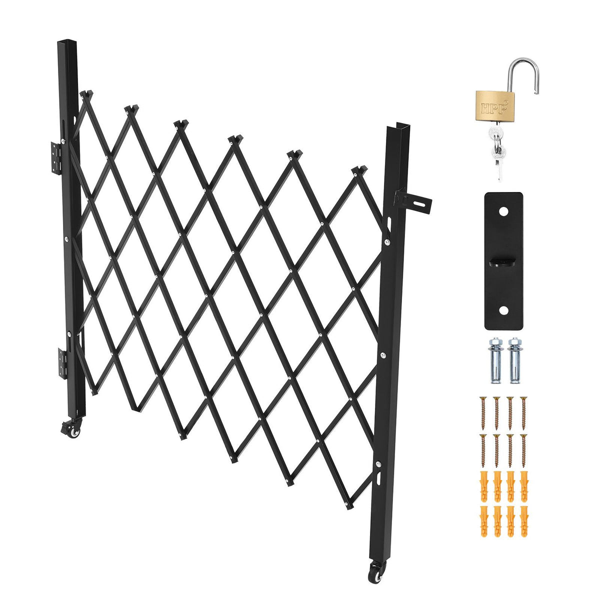 Single Folding Security Gate, Lockable Scissor Gate with 360 degree Swivel Casters, Outdoor Barricade Steel Retractable Gates, for Entry Security, Garage, Warehouse & Pool, 1100 x 1310 mm (W x H)