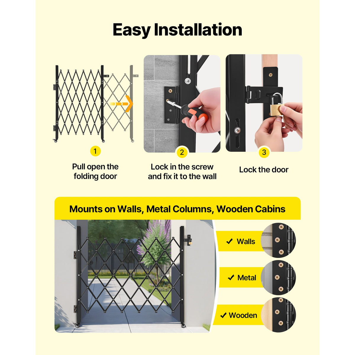 Single Folding Security Gate, Lockable Scissor Gate with 360 degree Swivel Casters, Outdoor Barricade Steel Retractable Gates, for Entry Security, Garage, Warehouse & Pool, 1100 x 1310 mm (W x H)