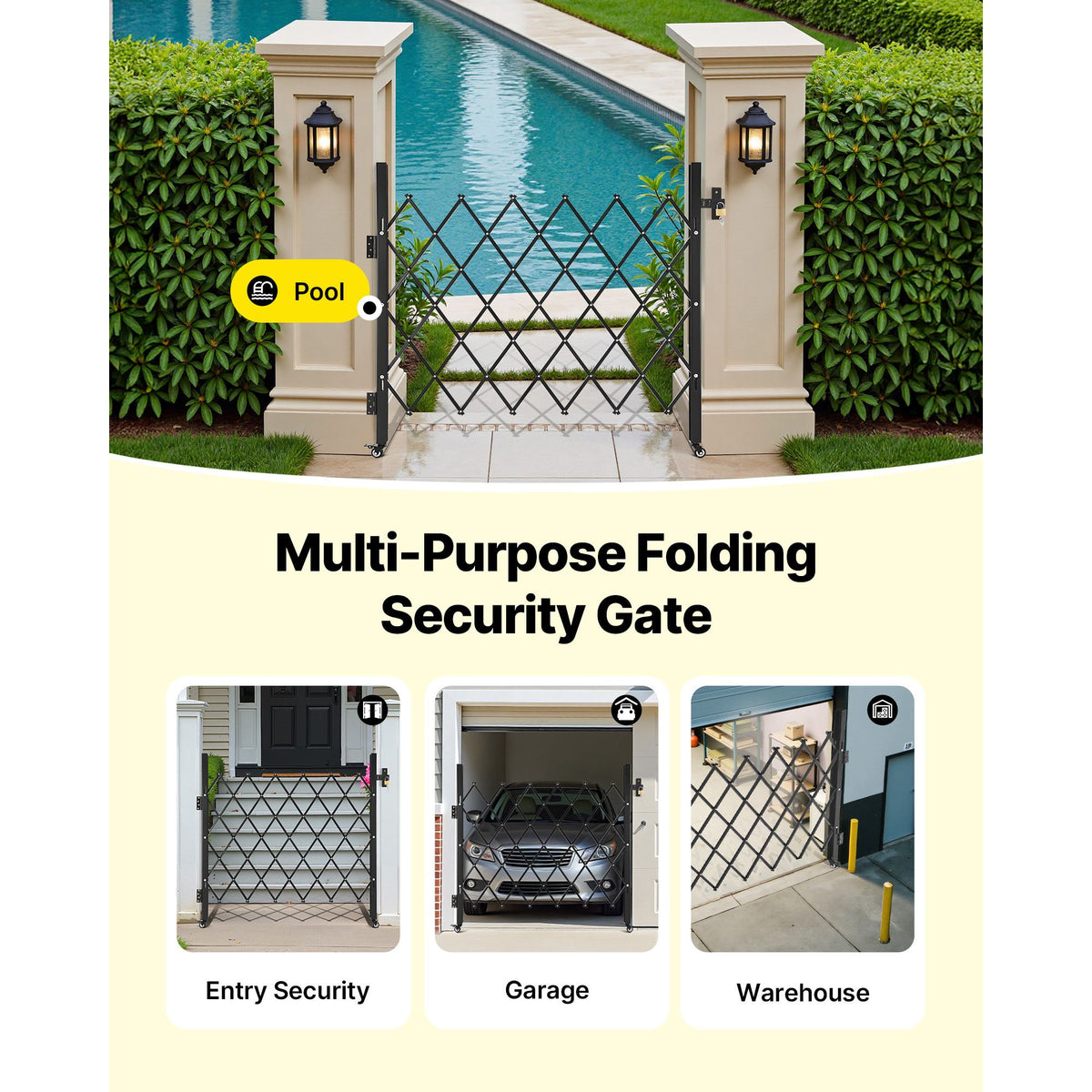 Single Folding Security Gate, Lockable Scissor Gate with 360 degree Swivel Casters, Outdoor Barricade Steel Retractable Gates, for Entry Security, Garage, Warehouse & Pool, 1100 x 1310 mm (W x H)