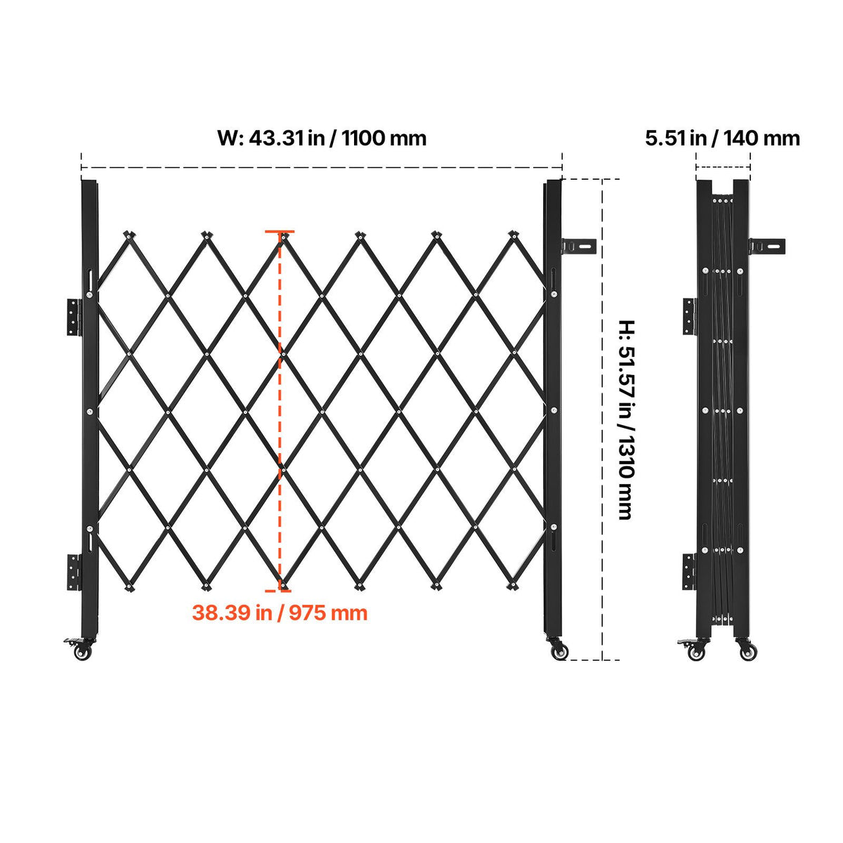 Single Folding Security Gate, Lockable Scissor Gate with 360 degree Swivel Casters, Outdoor Barricade Steel Retractable Gates, for Entry Security, Garage, Warehouse & Pool, 1100 x 1310 mm (W x H)