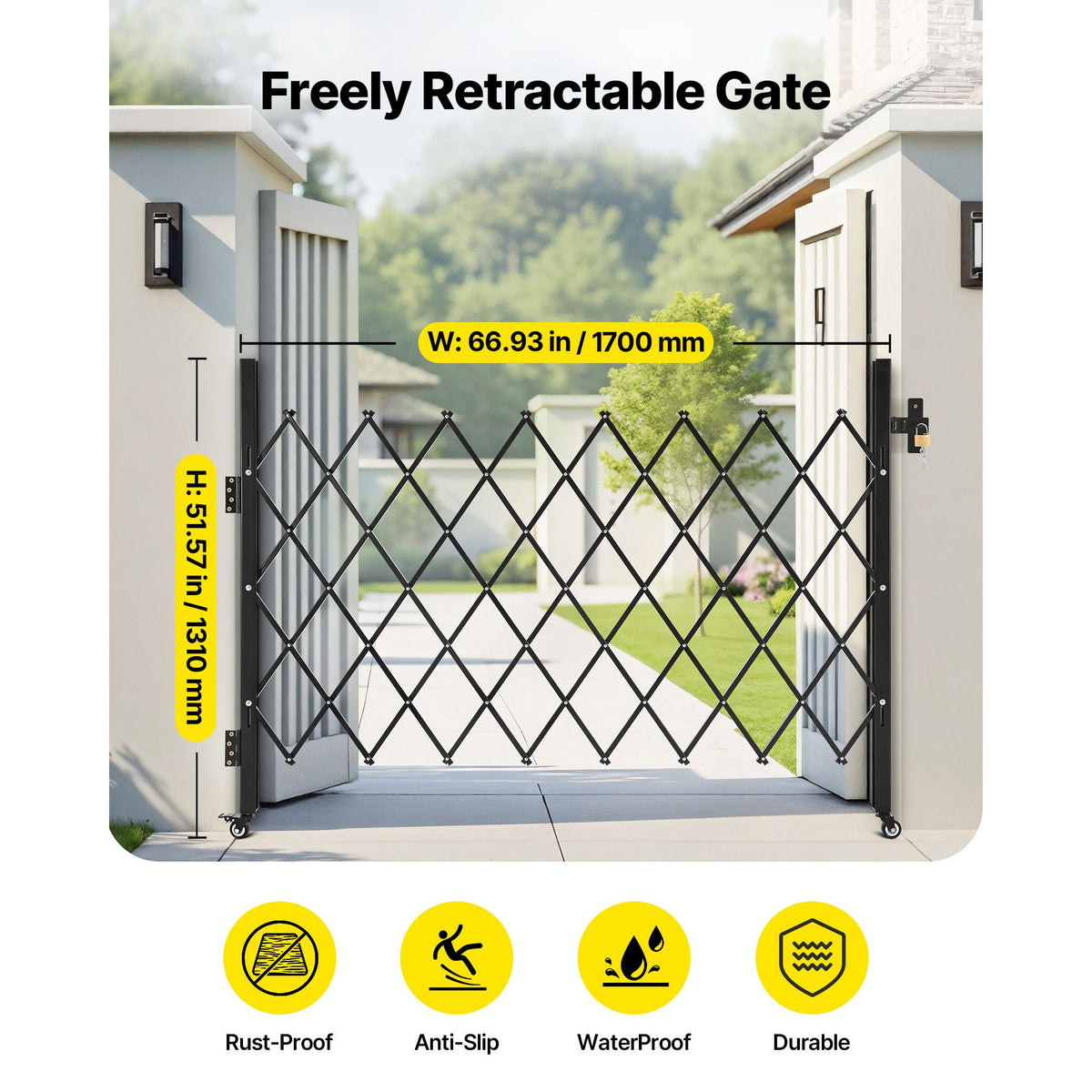 Single Folding Security Gate, Lockable Scissor Gate with 360 degree Swivel Casters, Outdoor Barricade Steel Retractable Gates, for Entry Security, Garage, Warehouse & Pool, 1700 x 1310 mm (W x H)