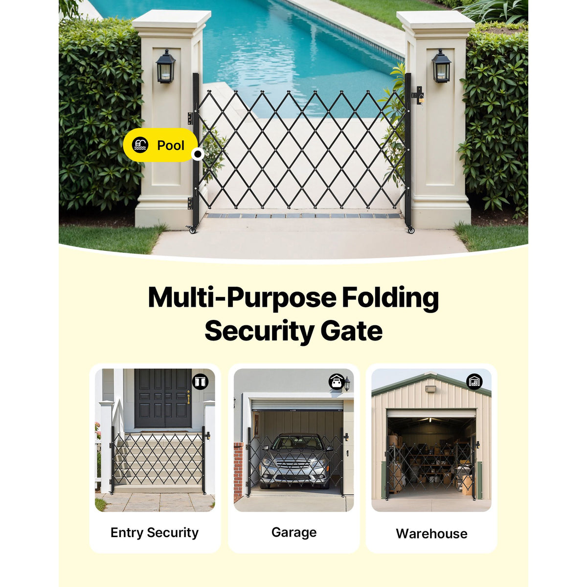 Single Folding Security Gate, Lockable Scissor Gate with 360 degree Swivel Casters, Outdoor Barricade Steel Retractable Gates, for Entry Security, Garage, Warehouse & Pool, 1700 x 1310 mm (W x H)