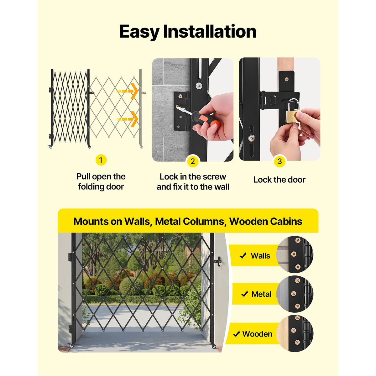 Single Folding Security Gate, Lockable Scissor Gate with 360 degree Swivel Casters, Outdoor Barricade Steel Retractable Gates, for Entry Security, Garage, Warehouse & Pool, 1800 x 1610 mm (W x H)