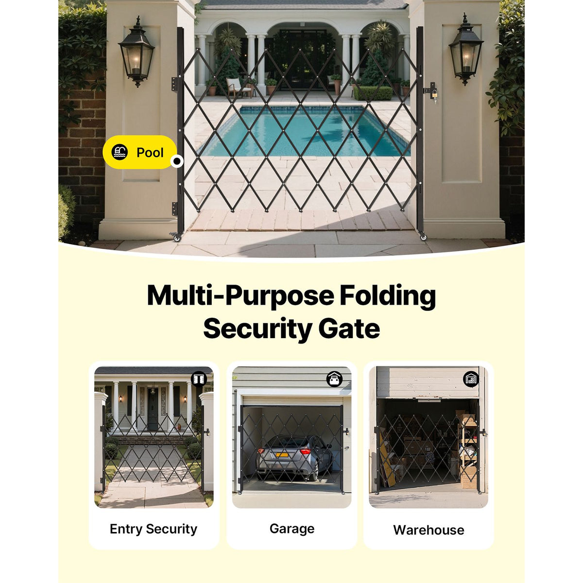 Single Folding Security Gate, Lockable Scissor Gate with 360 degree Swivel Casters, Outdoor Barricade Steel Retractable Gates, for Entry Security, Garage, Warehouse & Pool, 1800 x 1610 mm (W x H)