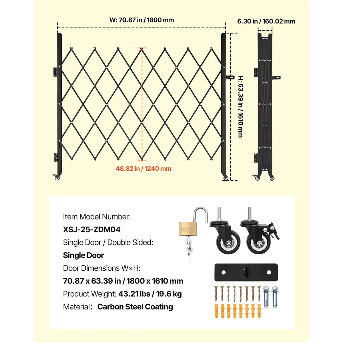 Single Folding Security Gate, Lockable Scissor Gate with 360 degree Swivel Casters, Outdoor Barricade Steel Retractable Gates, for Entry Security, Garage, Warehouse & Pool, 1800 x 1610 mm (W x H)