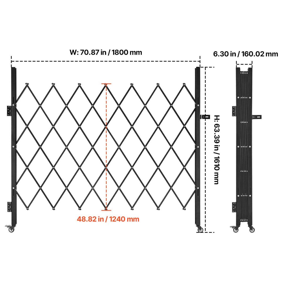 Single Folding Security Gate, Lockable Scissor Gate with 360 degree Swivel Casters, Outdoor Barricade Steel Retractable Gates, for Entry Security, Garage, Warehouse & Pool, 1800 x 1610 mm (W x H)
