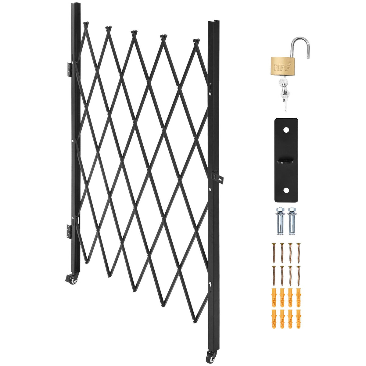 Single Folding Security Gate, Lockable Scissor Gate with 360 degree Swivel Casters, Outdoor Barricade Steel Retractable Gates, for Entry Security, Garage, Warehouse & Pool, 1260 x 1975 mm (W x H)