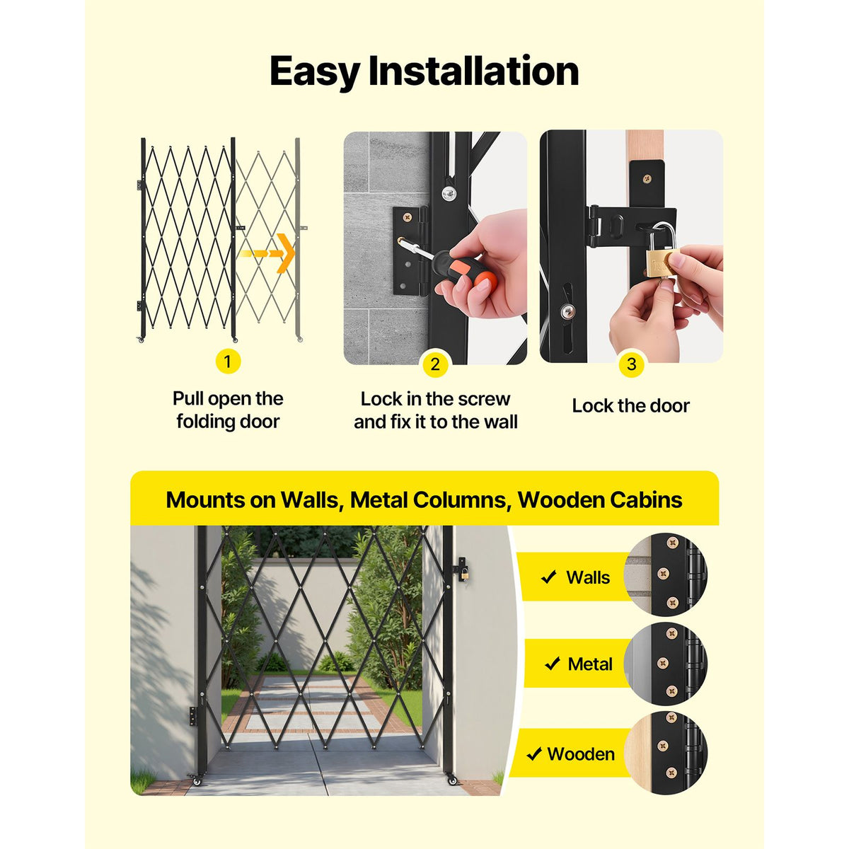 Single Folding Security Gate, Lockable Scissor Gate with 360 degree Swivel Casters, Outdoor Barricade Steel Retractable Gates, for Entry Security, Garage, Warehouse & Pool, 1260 x 1975 mm (W x H)